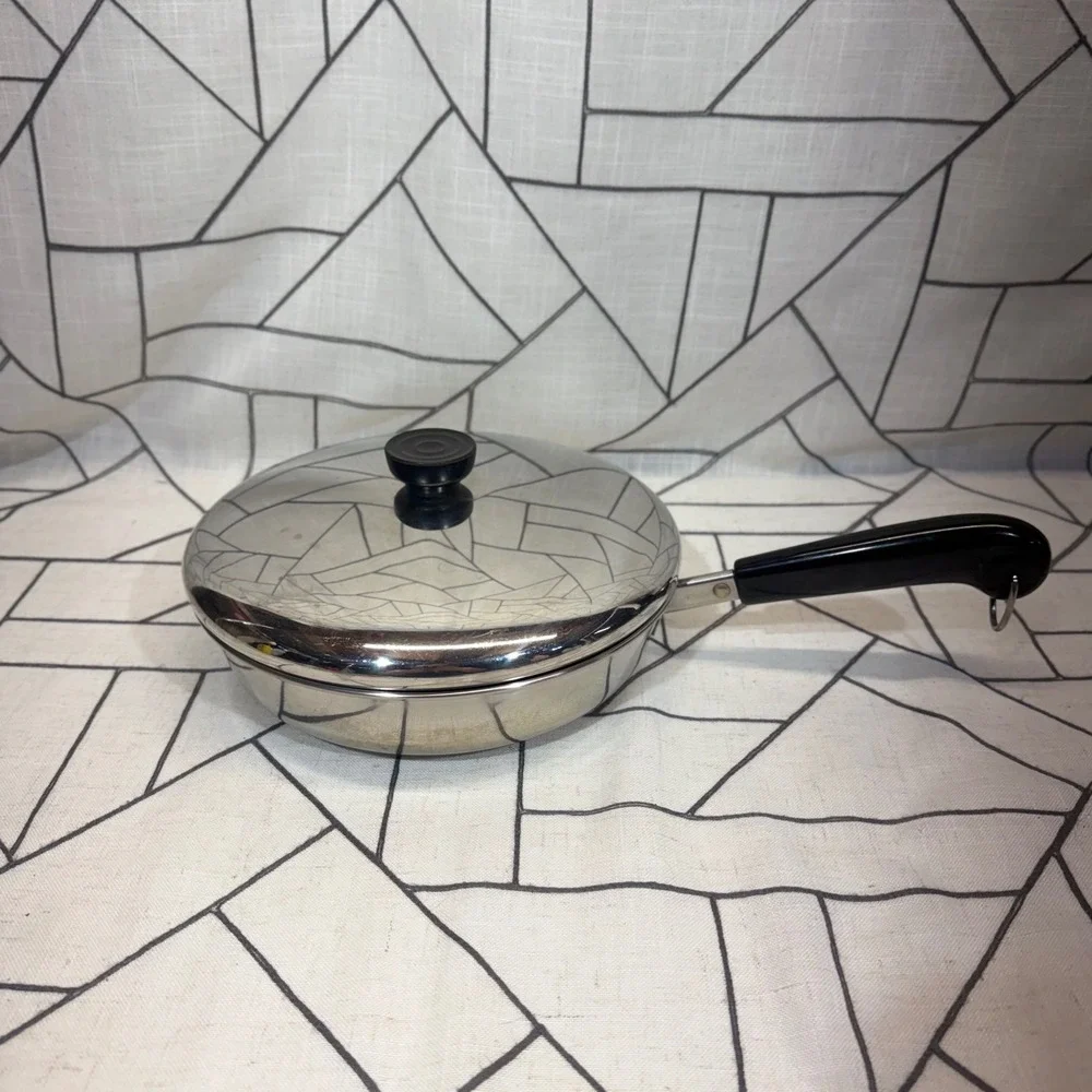 Revere Ware Skillet 9in Silver Stainless Steel Pan with Lid 88-A Bakelite Handle
